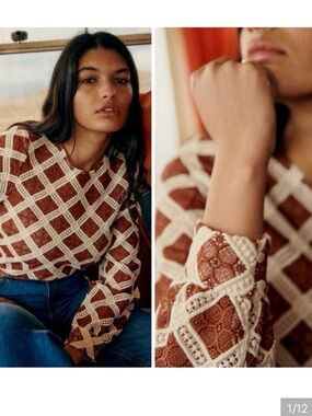 Sezane 36 Crochet lace Lattice Top in brown and White Jesse